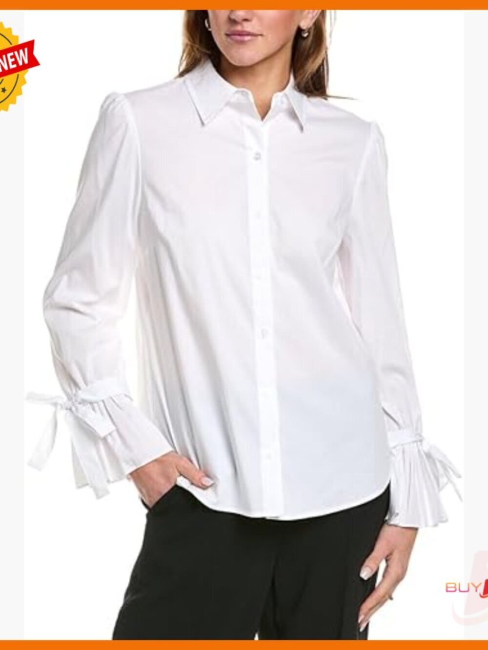 Classic Fit Button Front Blouse with Flutter Sleeves, Cotton Blend